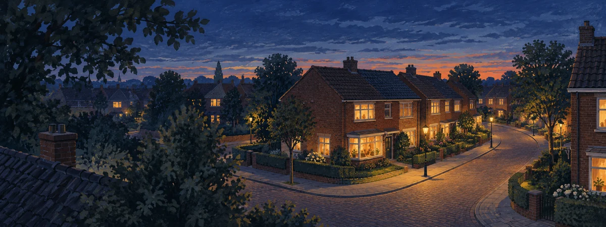 Nederlandse woonwijk met verlichte ramen in de schemering.