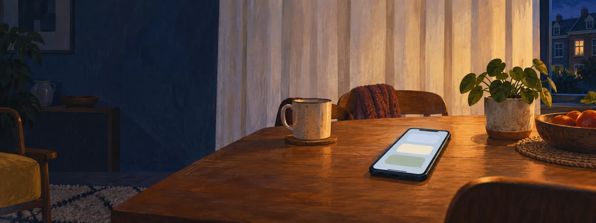 Een telefoon met een groepsgesprek ligt op tafel bij een gesloten gordijn.