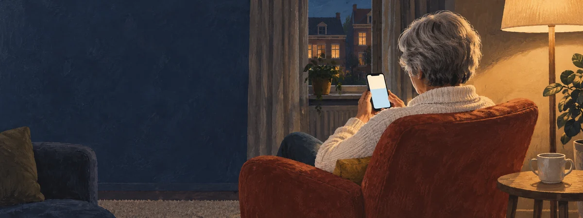 Een bewoner leest rustig op een telefoon in een warm verlichte huiskamer.