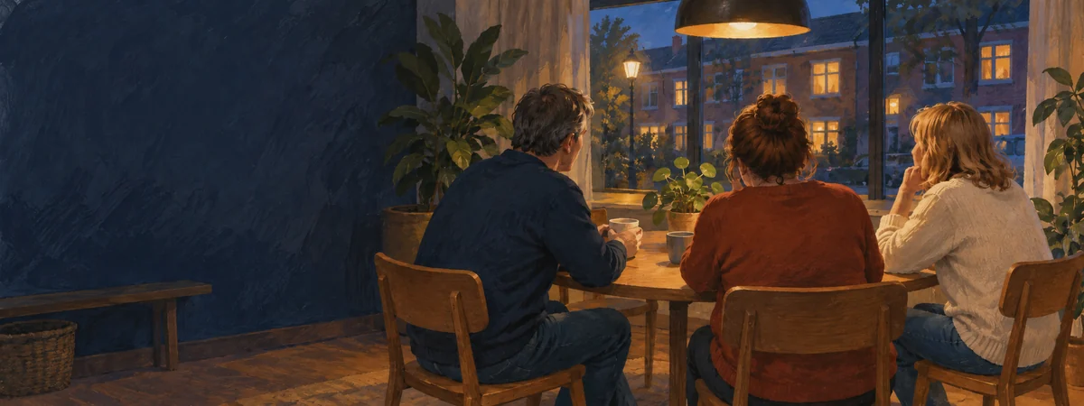 Buurtbewoners praten met elkaar aan een tafel in een ontmoetingsruimte.