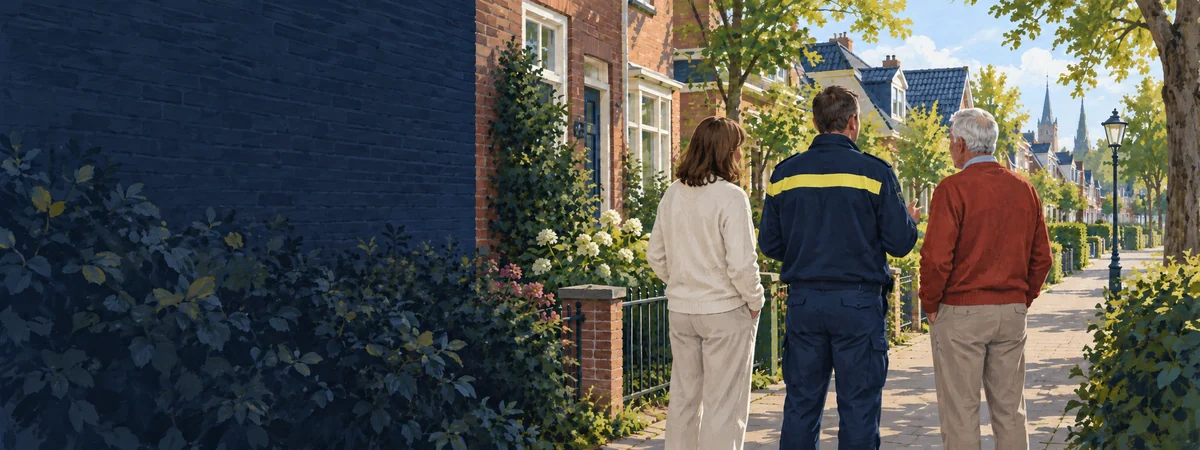 Een wijkagent praat overdag met bewoners in een woonstraat.