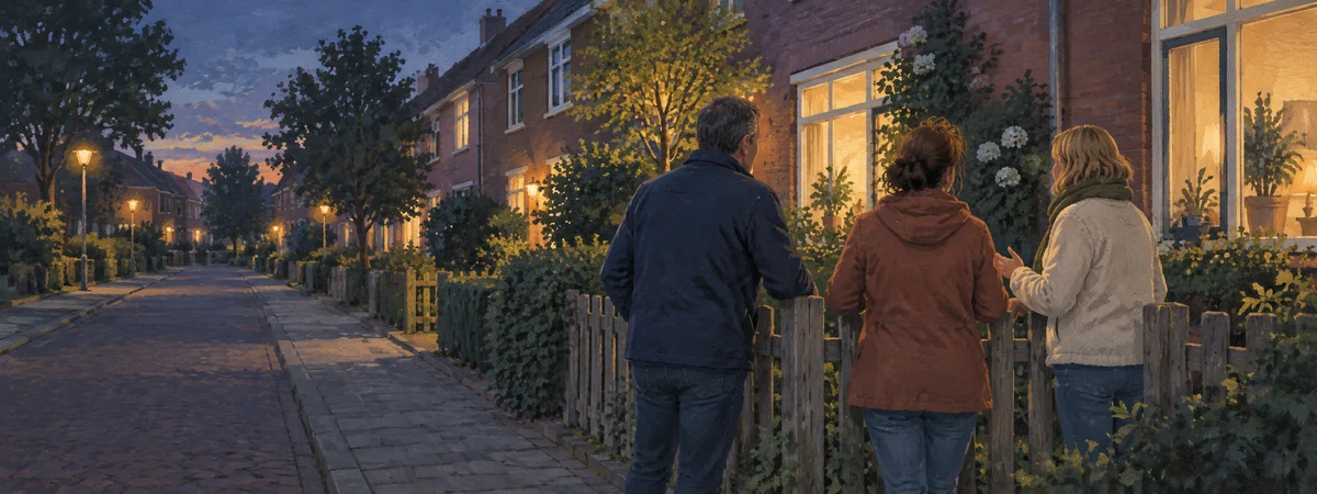 Drie buren praten bij een tuinhek in een avondlijke woonstraat.