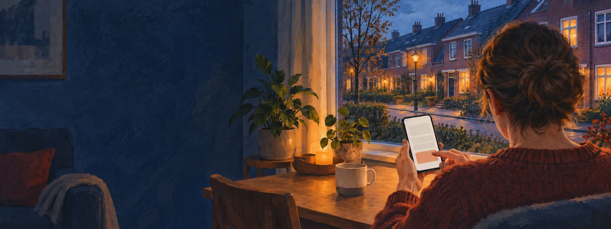 Een bewoner kijkt thuis op zijn telefoon, met de woonstraat buiten.