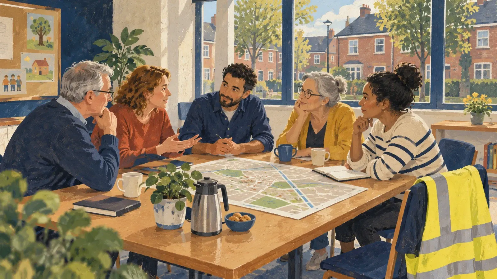 Illustratie van buurtbewoners en een gemeentelijke medewerker die samen een wijkkaart bespreken.