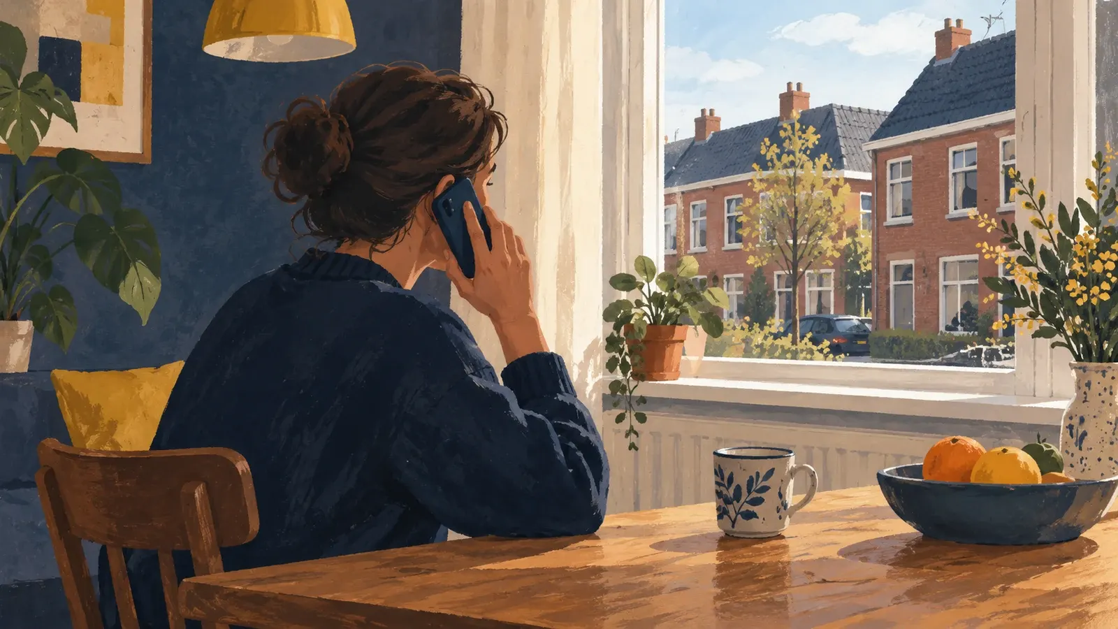 Illustratie van een bewoner die rustig en vertrouwelijk informatie doorgeeft per telefoon.